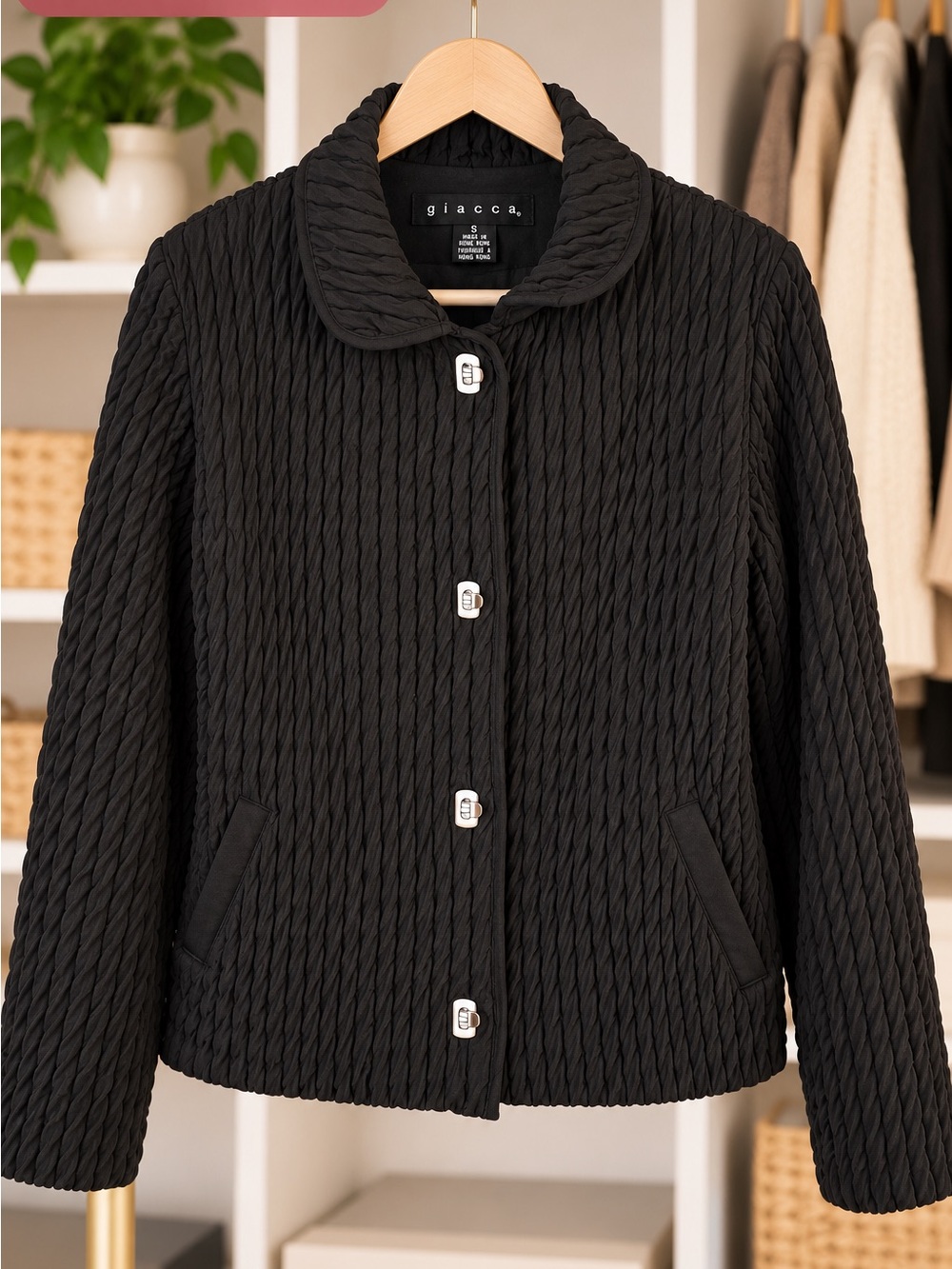 Giacca Black Textured Ruched Jacket Coat Size S